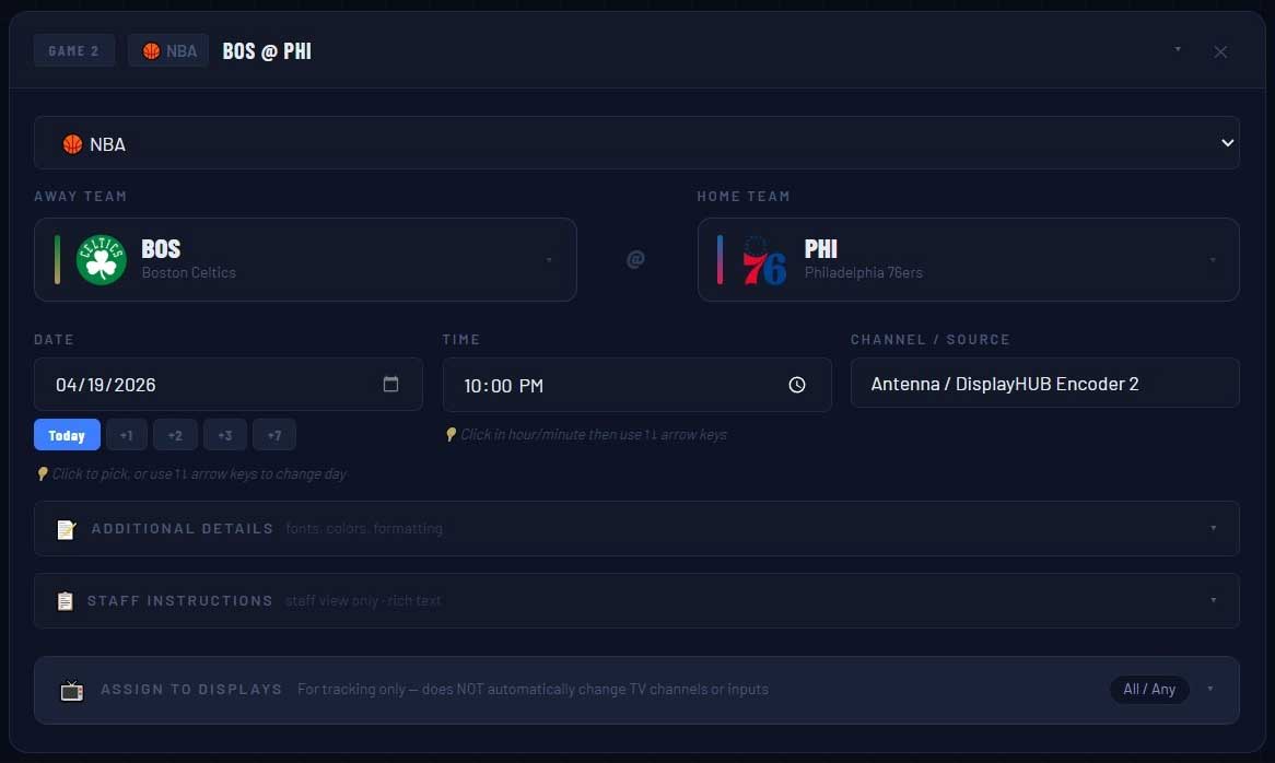 DisplayHUB Game Plan editor interface showing game scheduling and TV assignments